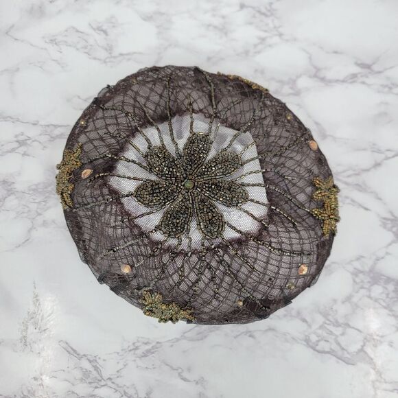 50s Tambour Embroidery Beaded Women's Hat Facinator Pillbox Mesh - Picture 16 of 16